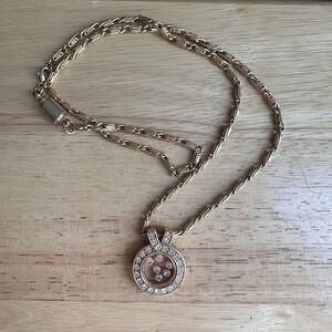 VTG Pendant Statement Necklace 22 Inch Crystal Circle Charm Gold Plate Geometric
